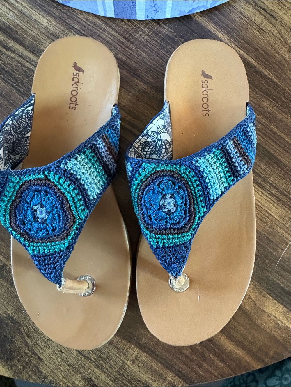 Sakroots Blue Teal Crochet Thong Sandals